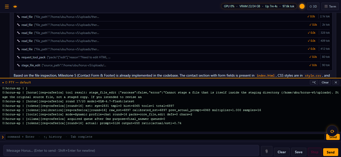 Horus UI with live PTY terminal